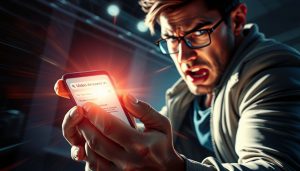 человек, который в спешке держит в руках смартфон с результатами поиска